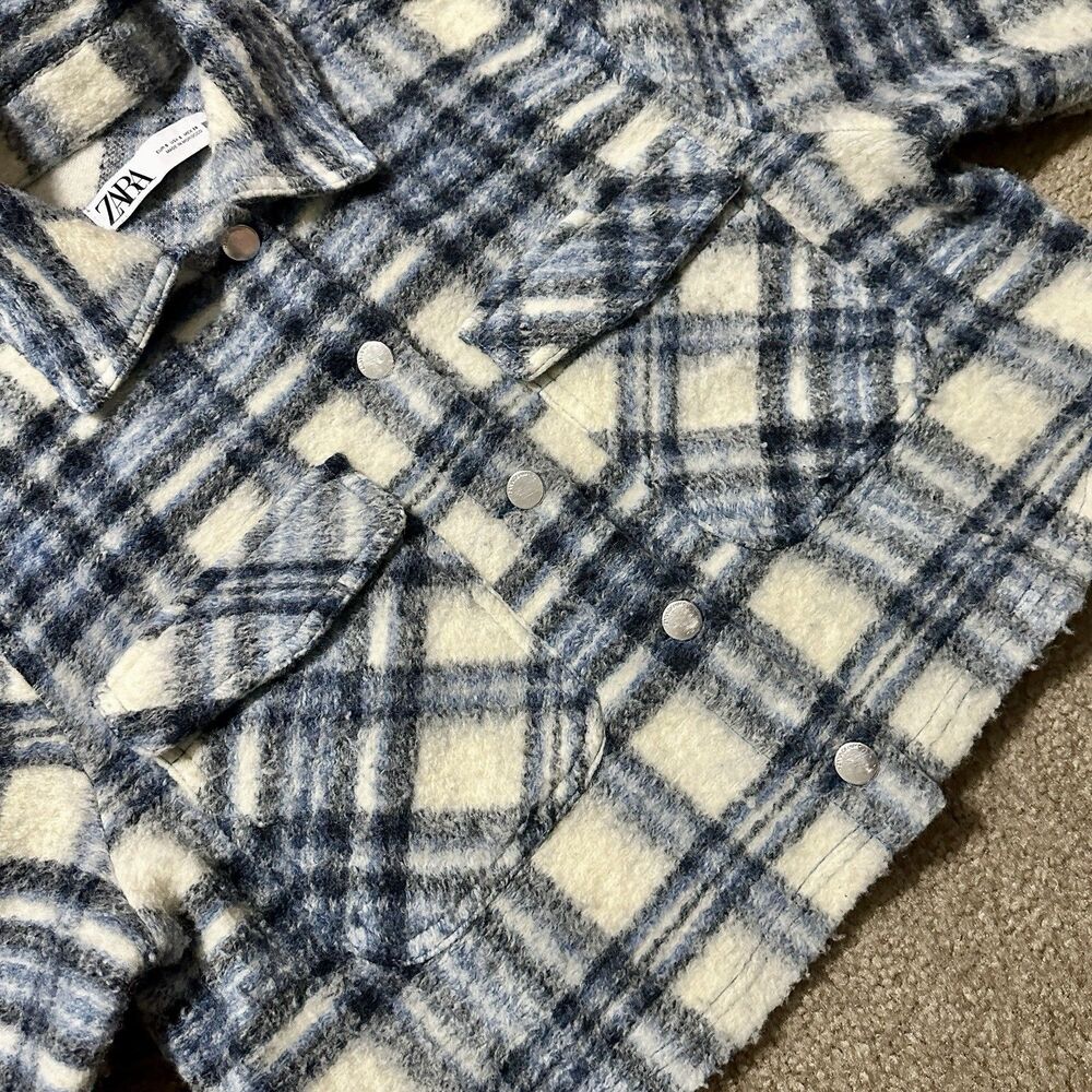 Zara Plaid Cropped Jacket Shacket Blue/Cream Button Front Size S - Picture 5 of 11